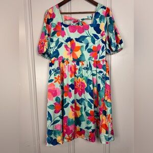 BiBi Mint Floral Dress NWT Square Neck Puff Sleeves Back Tie Satin Summer Large